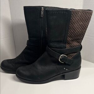 UGG Black Leather & Brown Quilted Ankle Boots with Buckle Strap